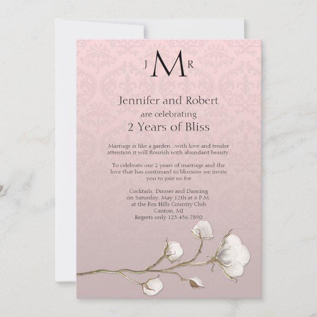 Invitación Damasco de Algodón Segundo Aniversario de Boda (Anverso)