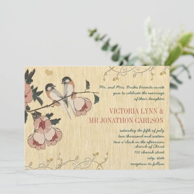 Invitación Damasco de boda de cerezo en flor vintage carboner (Anverso de pie)