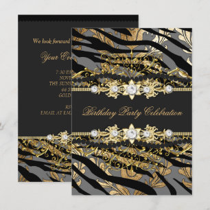 Invitación Damasco de cebra dorado negro hoja beige elegante