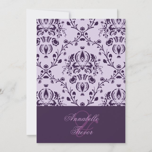 Invitación Damasco de ciruela/lilac, boda personalizada (Anverso)