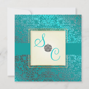 Invitación Damasco de color azul y vintage Verde azulado