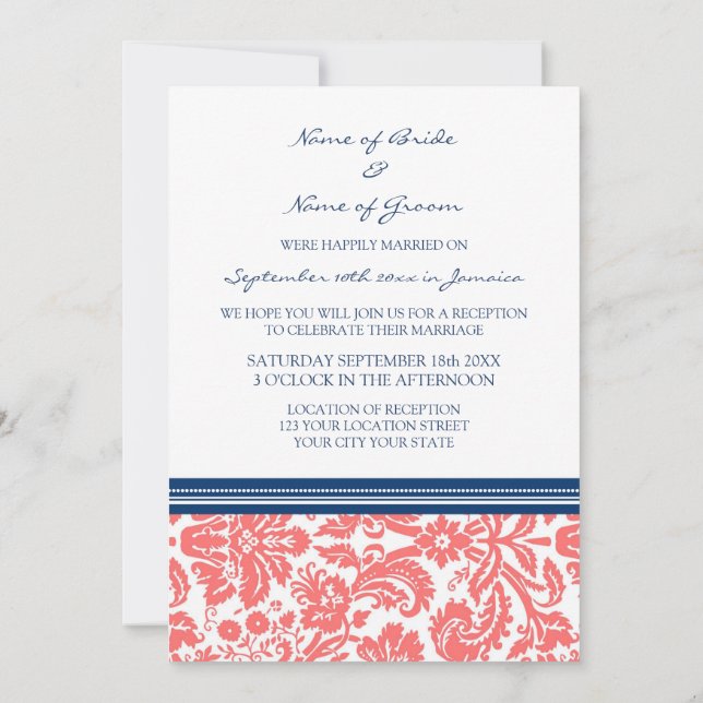 Invitación Damasco De Coral Azul Sólo En La Recepción De Boda (Reverso)