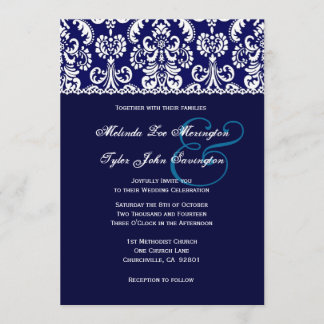 Invitación Damasco de corazón azul con Boda de encaje A04