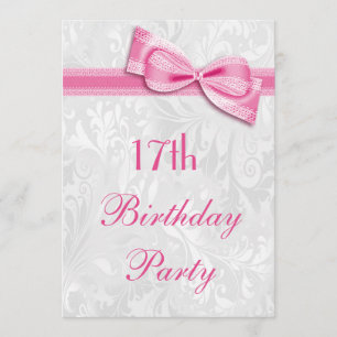 Invitación Damasco de cumpleaños 17 y Faux Bow rosa