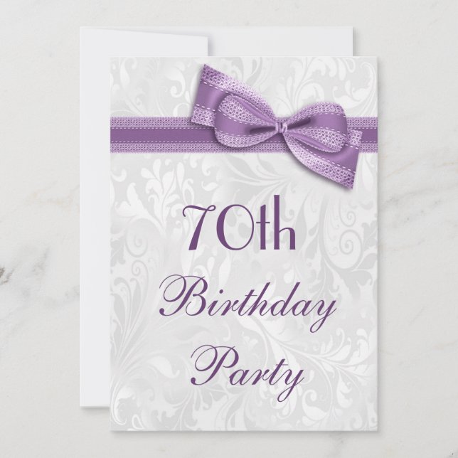 Invitación Damasco de cumpleaños 70 y Faux Bow (Anverso)