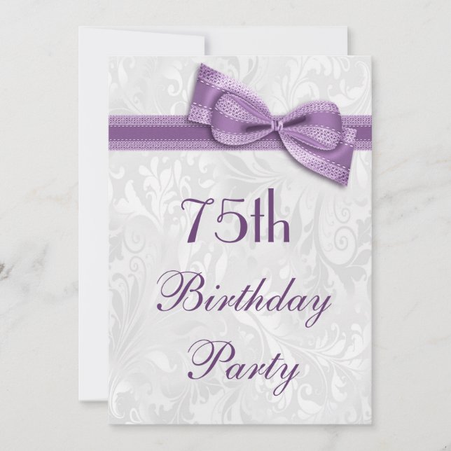 Invitación Damasco de cumpleaños 75 y Faux Bow (Anverso)