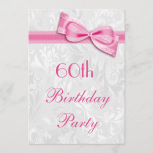 Invitación Damasco de cumpleaños número 60 y Faux Bow rosa
