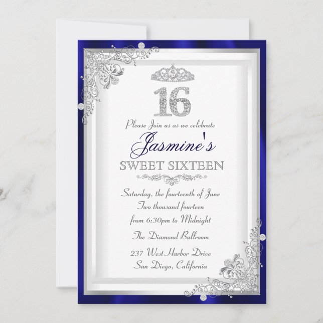 Invitación Damasco de diamante azul plateado y dulce Tiara 16 (Anverso)