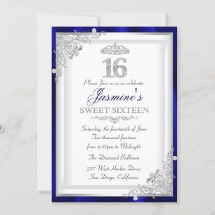 Invitación Damasco de diamante azul plateado y dulce Tiara 16