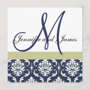 Invitación Damasco de encargo del azul del monograma de la