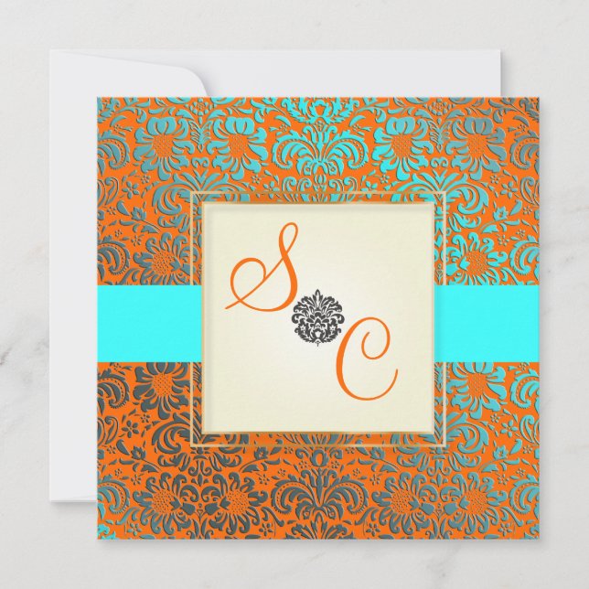 Invitación Damasco de época azul y Naranja PixDezines Fidora (Anverso)