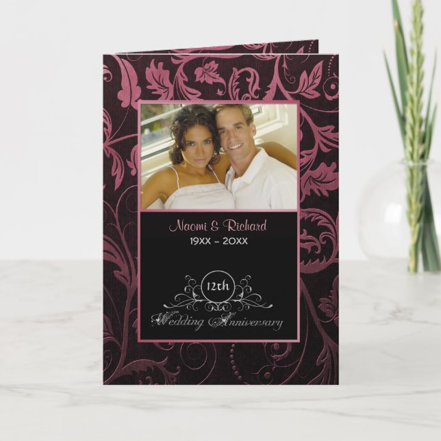 Invitación Damasco de frambuesa y negro 12º aniversario Boda (Anverso)