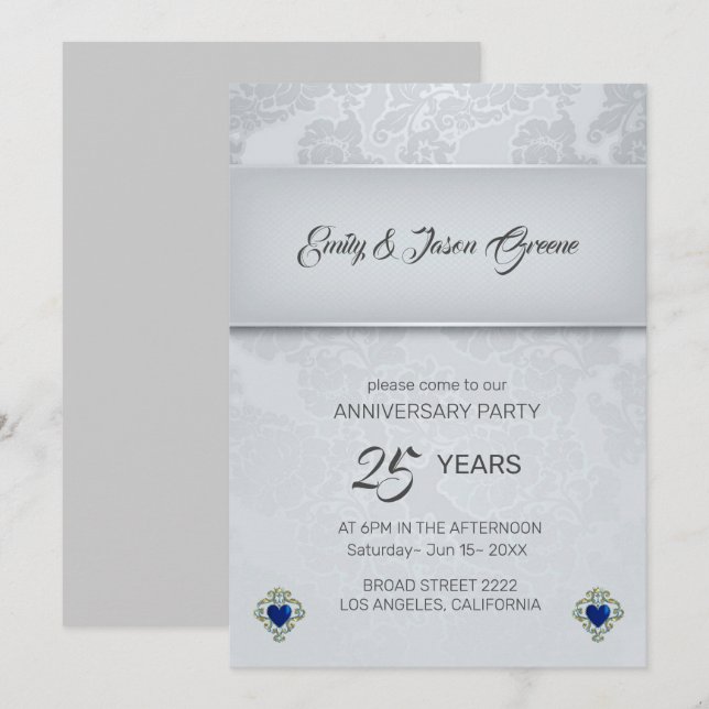 Invitación Damasco De Gris Y Corazón Azul Plateado (Anverso / Reverso)