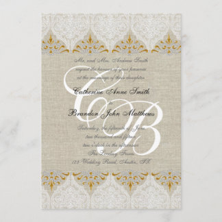 Invitación Damasco de lino del monograma de la boda del oro
