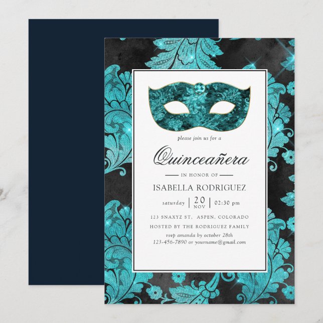 Invitación Damasco de Masquerade Verde azulada Vintage Quince (Anverso / Reverso)