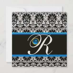 Invitación DAMASCO DE MONOGRAMA NEGRO BLANCO AZUL Zafiro Dora