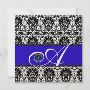 Invitación DAMASCO DE MONOGRAMA NEGRO BLANCO AZUL Zafiro Dora