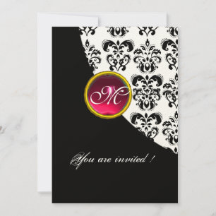 Invitación DAMASCO DE MONOGRAMA NEGRO Y BLANCO, rubí rojo, fu