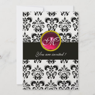 Invitación DAMASCO DE MONOGRAMA NEGRO Y BLANCO, rubí rojo, fu