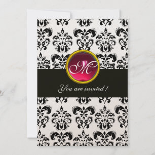 Invitación DAMASCO DE MONOGRAMA NEGRO Y DORADO, rubí rojo, fu