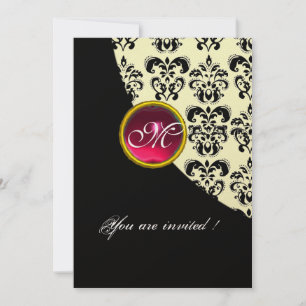 Invitación DAMASCO DE MONOGRAMA NEGRO Y ORO, rubí rojo, fucsi