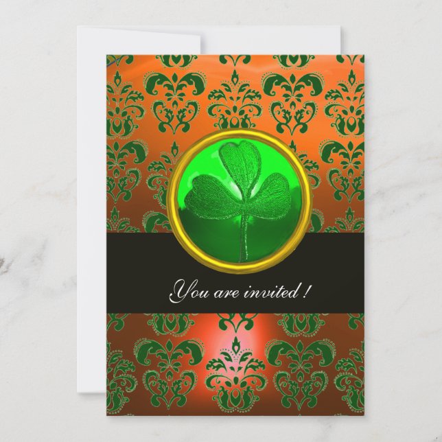 Invitación DAMASCO DE NARANJA VERDE CON TRÉBOL ,negro (Anverso)