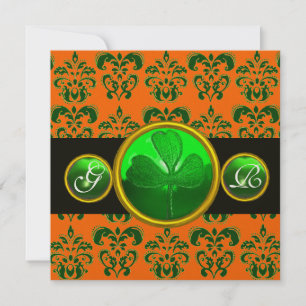 Invitación DAMASCO DE NARANJA VERDE , MONOGRAMA DE TREBOL neg