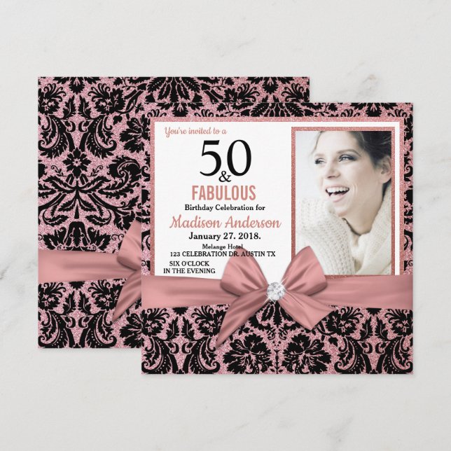 Invitación Damasco de oro de 50 y Fabulous Rosa |50.º cumplea (Anverso / Reverso)