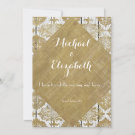 Invitación Damasco de oro de vintage y madera con verso de la