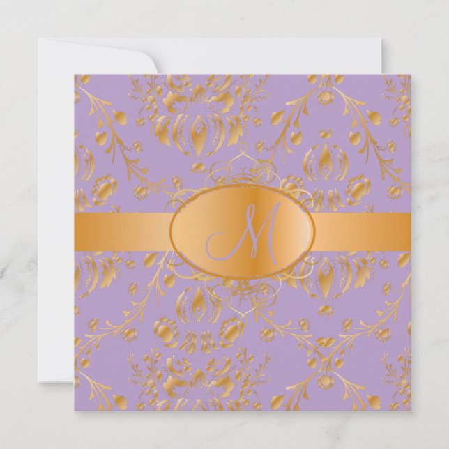 Invitación Damasco de oro falso monograma/lavanda (Anverso)