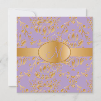 Invitación Damasco de oro falso monograma/lavanda