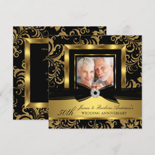 Invitación Damasco de Oro Negro Foto 50 Aniversario de Boda