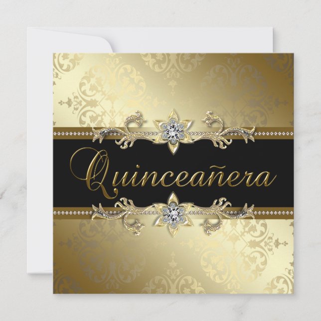 Invitación Damasco de oro negro Quinceañera (Anverso)