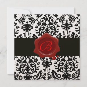 INVITACIÓN DAMASCO DE ORO NEGRO Y BLANCO, SELLO DE LACA ROJA
