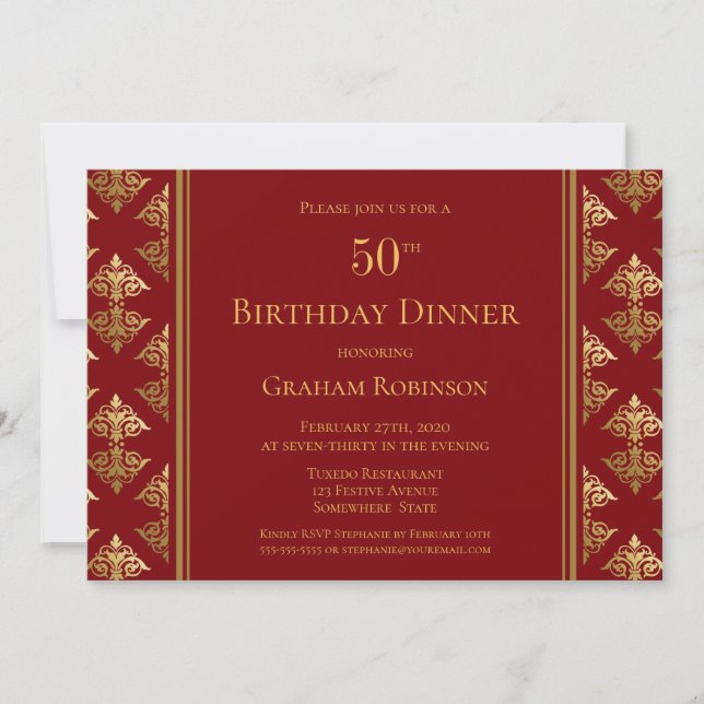 Invitación Damasco de Oro Rojo Patteronado Cena de Cumpleaños (Anverso)