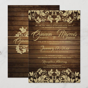 Invitación Damasco de oro ruso y Boda de madera de pino