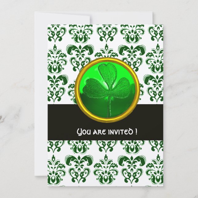 Invitación DAMASCO DE ORO VERDE CON TRÉBOL ,Blanco Negro (Anverso)