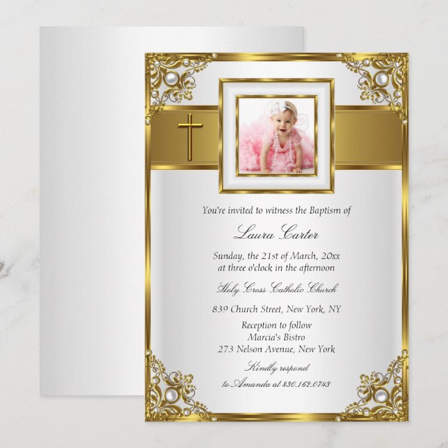 Invitación Damasco de oro y bautismo de fotos cruzadas/cristi (Anverso / Reverso)