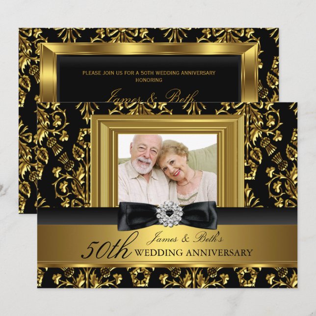 Invitación Damasco de oro y foto del 50 aniversario del Boda (Anverso / Reverso)