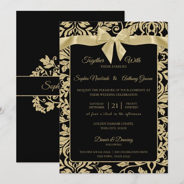 Invitación Damasco de oro y negro con Boda de Bow (Anverso / Reverso)
