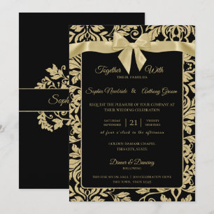 Invitación Damasco de oro y negro con Boda de Bow