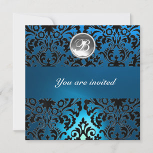 INVITACIÓN DAMASCO DE PIEDRA PRECIOSA NEGRO Y AZUL MONOGRAMA 