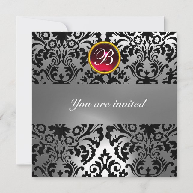 INVITACIÓN DAMASCO DE PIEDRA PRECIOSA NEGRO Y BLANCO MONOGRAM (Anverso)