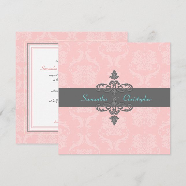 Invitación Damasco de PixDezines Liliana/Colores DIY/Rosa/Gri (Anverso / Reverso)
