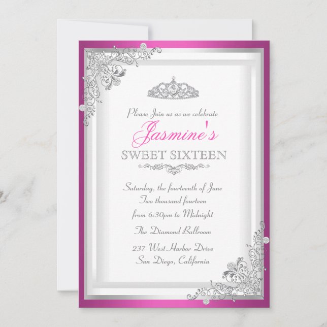 Invitación Damasco de plata rosada caliente y dulce Tiara 16  (Anverso)