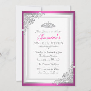 Invitación Damasco de plata rosada caliente y dulce Tiara 16