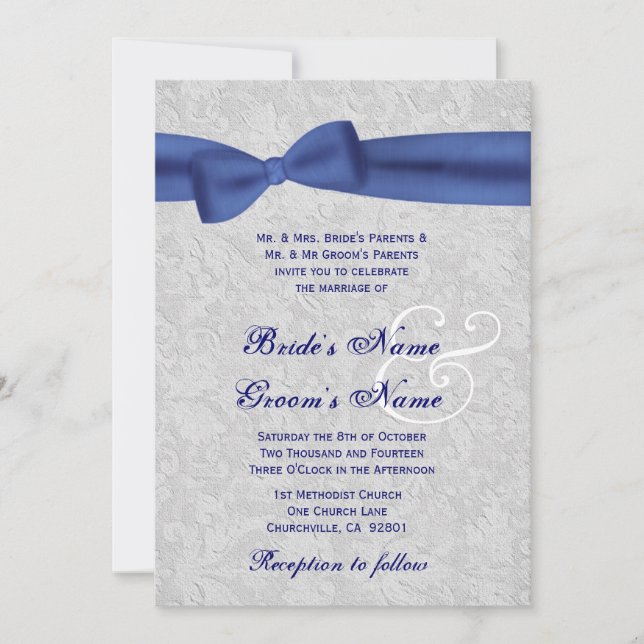 Invitación Damasco de plata y boda del arco del azul real (Anverso)