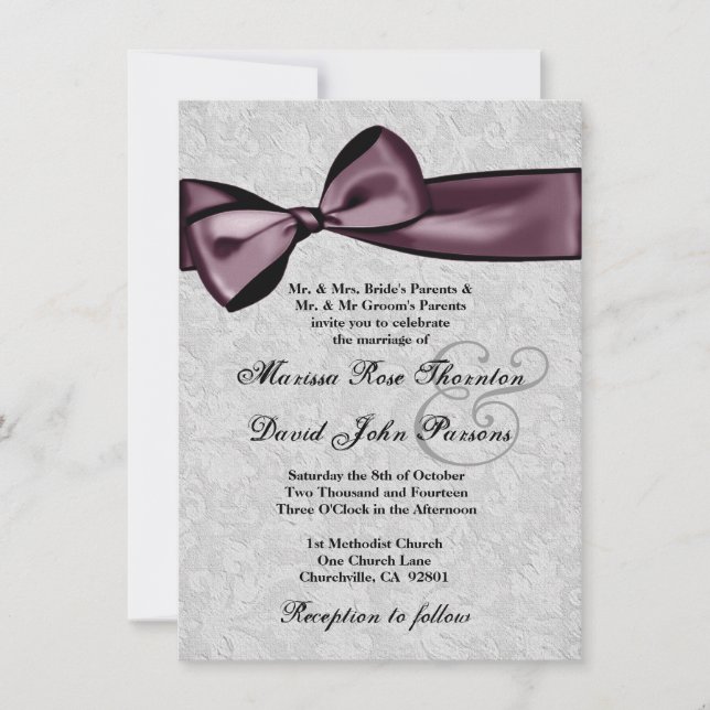 Invitación Damasco de plata y boda púrpura del arco del (Anverso)