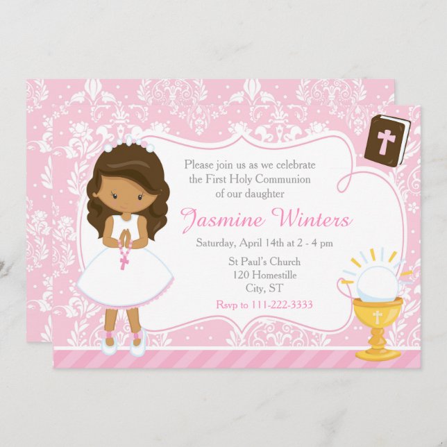 Invitación Damasco de primera comunión de Chica afroamericano (Anverso / Reverso)