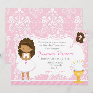 Invitación Damasco de primera comunión de Chica afroamericano